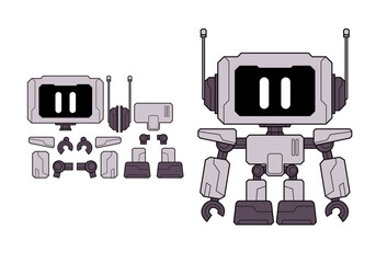 Bot robot character mascot of cyborg cartoon flat set of hand arm body parts collection