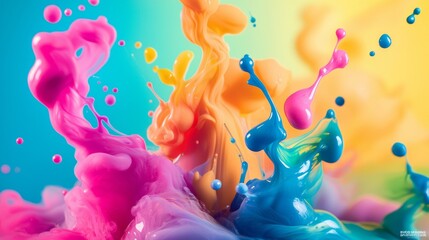 Obraz premium Vibrant paint splashes in pink yellow and blue frozen midair against clean white background dynamic art