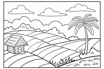 simple coloring book page of a countryside landscape, with rolling green hills, a small farmer's hut, and geometric rice paddy fields, clear bold outlines, for children