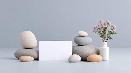 Blank Card Mockup with Stones and Flowers on Gray Background