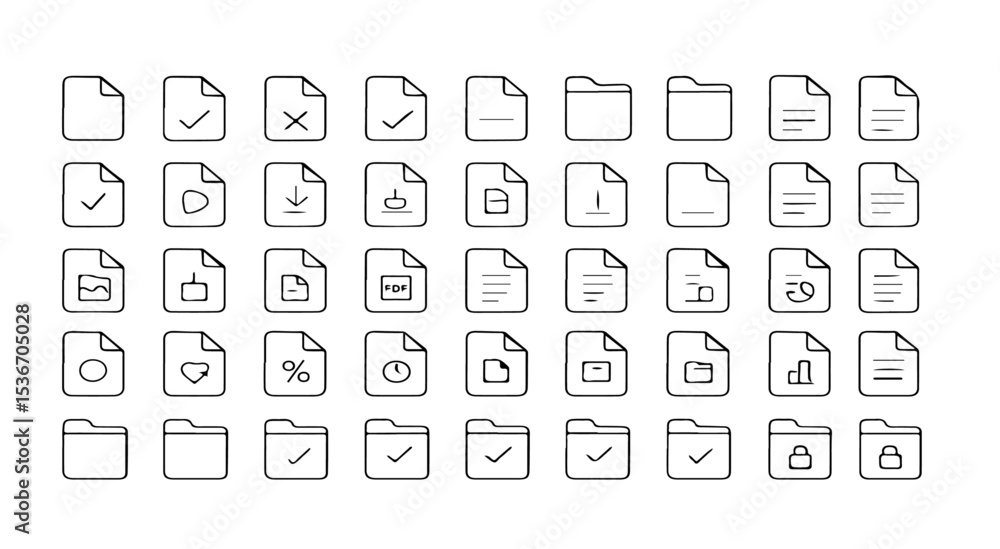 Poster a collection of hand drawn file and folder icons arranged in a grid pattern on a white background su