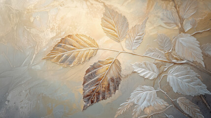 Tree branches with frosted leaves are set against a warm, textured background, highlighting the intricate patterns of each leaf and suggesting cold weather or autumn's end.