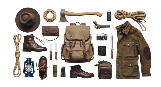 Adventurers gear arranged for outdoor expedition - Powered by Adobe