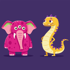 Funny cartoon monster with three-eyed elephant and yellow dragon monster character design vector illustration