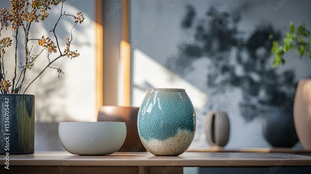 Poster sunlit window shelf with ceramics and dried branches in calm scene