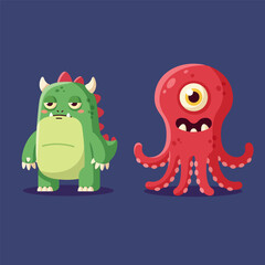 Funny cartoon monsters with green reptile monster and one-eyed octopus, flat design vector illustration