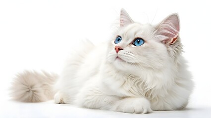 A fluffy white cat with striking blue eyes lying down on a white surface looking upwards intently