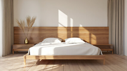 Warm and inviting bedroom interior featuring a wooden bed, soft light, and neutral color palette.