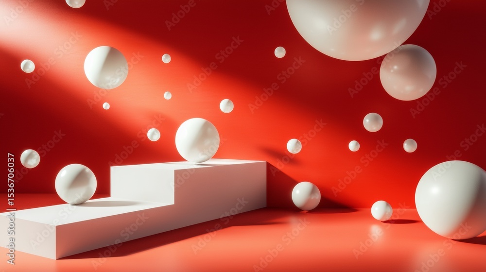 Poster abstract geometric shapes and spheres floating above red platform with gradient backdrop modern art 