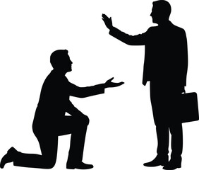 Silhouette illustration showing power dynamic as kneeling figure pleads to standing person holding briefcase

