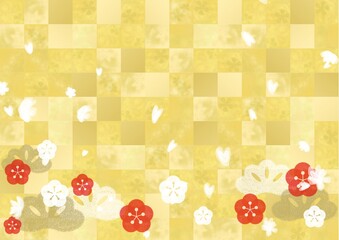 梅の花と金箔の和風背景イラスト