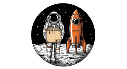 Astronaut delivering package with rocket background