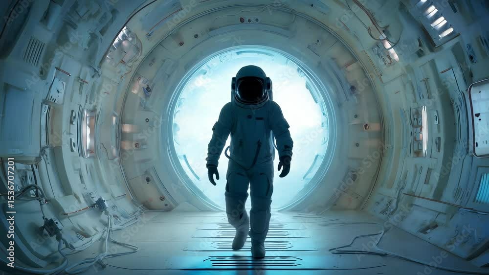 Poster astronaut in white spacesuit walking through illuminated circular space station corridor with blue-w