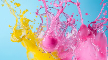 High-speed capture of yellow and pink paint splashing midair against vibrant cyan background colorful motion