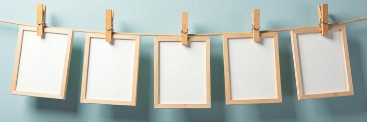 Blank frames strung on rope, clothespins secure, string, brown, texture