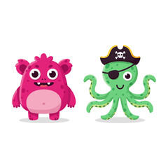 Funny red cartoon monster character little monster and pirate octopus, flat design vector illustration
