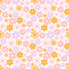 Seamless floral pattern with cute pastel flowers in pink, yellow, and lilac. Perfect for kids designs, fabric, wrapping paper, and spring or summer decorations.

