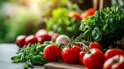 Close-up ripe tomatoes and leafy greens arranged on rustic wooden cutting board with natural soft lighting