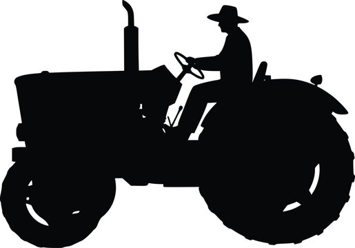 Silhouette illustration of a farmer on a tractor, symbolizing agriculture, rural life, and hard work