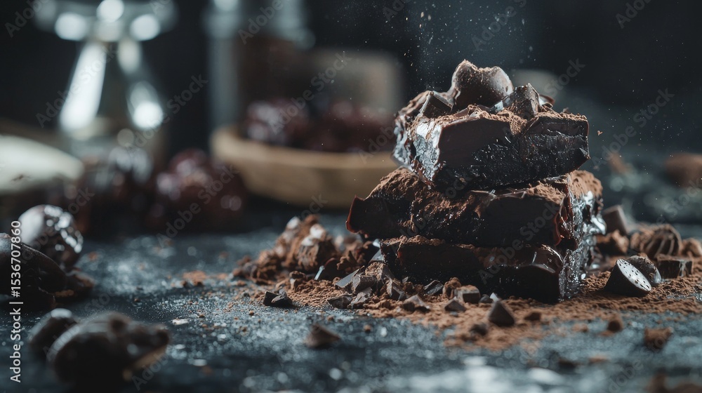 Aufkleber delicious dark chocolate brownie squares scattered with cocoa nibs and chunks on rustic moody surfac