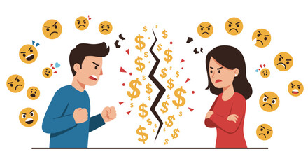 Angry couple arguing about money with emotional emojis