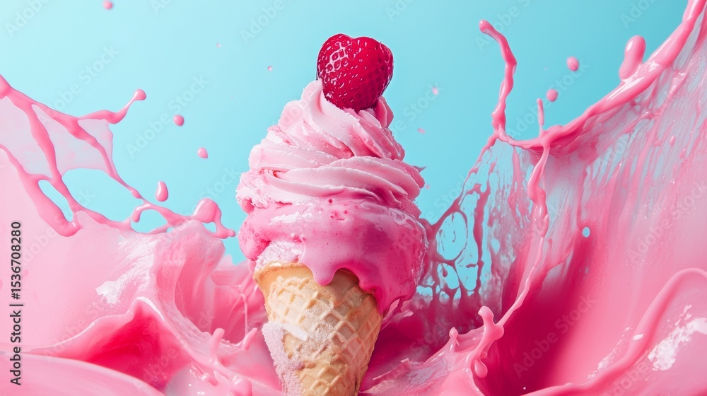 Poster pink ice cream splash with cone and raspberry in high-speed motion
