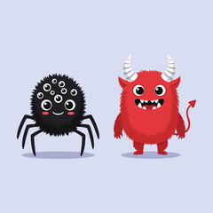 Cute little scary spider and little red devil, flat design vector illustrations, a fun illustration for Halloween