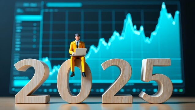 Miniature businessman working on laptop atop 2025 blocks against stock market graph background.