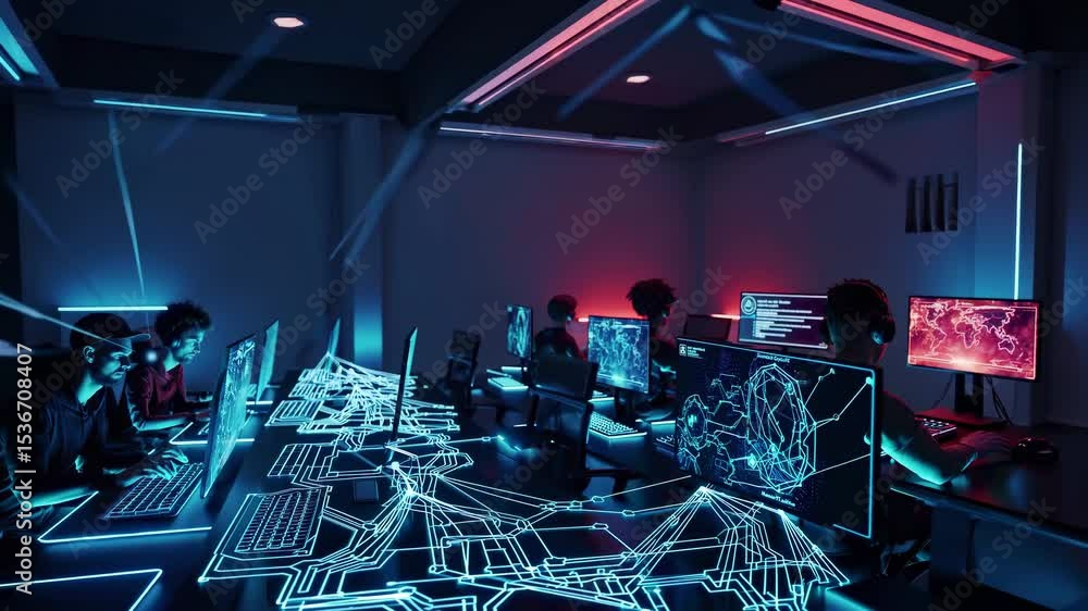 Poster software developers and computer engineers working on computers in a dark, futuristic office illumin