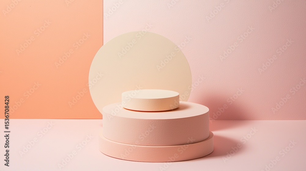 Aufkleber minimalist pastel stage featuring circular podium steps under soft peach and cream gradient backdrop
