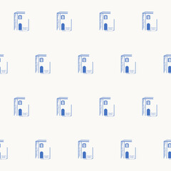 Seamless House Textile Print Pattern. Mediterranean Atmosphere. Travel and Vacation Rest Theme. Summer Resort Fabric Swatch Doodle Line Art Hand Crafted Decoration. Simple Sketch Outline Drawing.