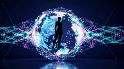 Silhouette of businesswoman standing inside a global network made of connecting lines and dots, representing global business and communication in a dark blue environment with reflections - Powered by Adobe