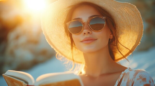 Woman reading book on beach at sunset