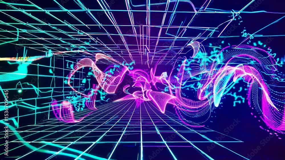 Poster bright neon lights and abstract shapes converge, creating a dynamic futuristic tunnel effect, ideal 