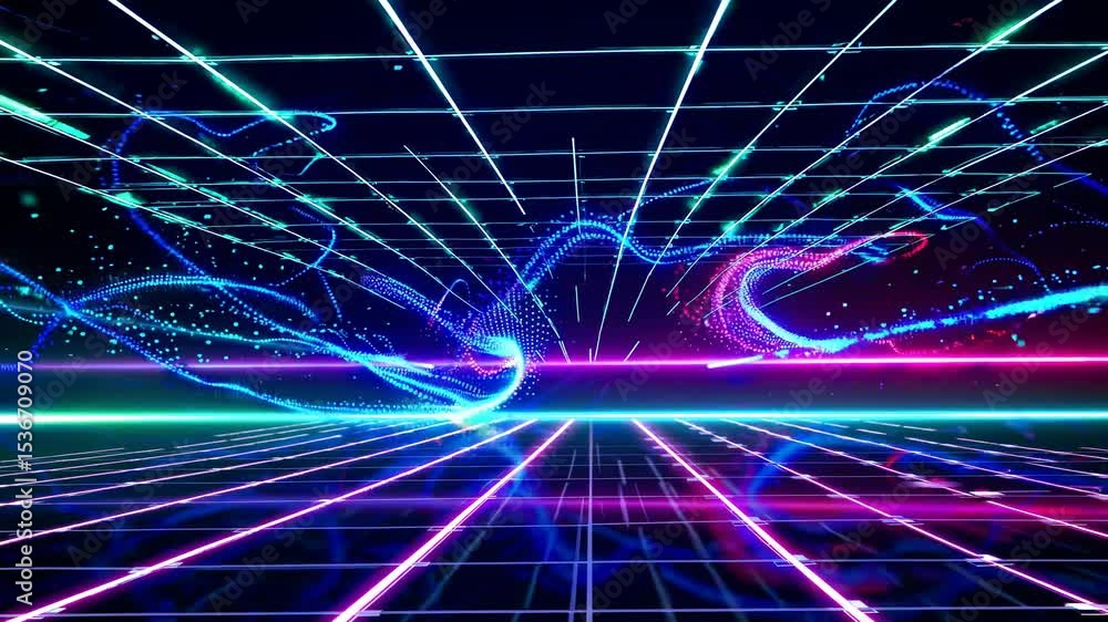 Poster bright neon lines form a futuristic grid, with glowing particles flowing and swirling in a dynamic d