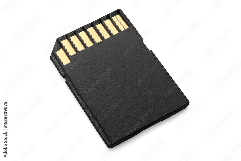 Poster close-up of a black sd memory card, isolated on a transparent background, ready for digital storage 