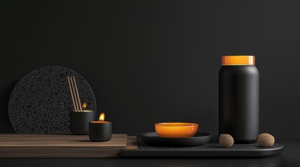 Luxury spa scene with black ceramics, orange details and elegant minimalist composition on dark background