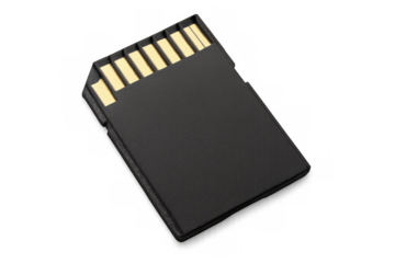 Close-up of a black sd memory card, isolated on a transparent background, ready for digital storage and data transfer