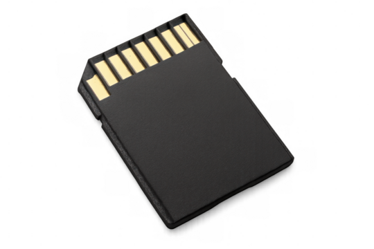 Close-up of a black sd memory card, isolated on a transparent background, ready for digital storage and data transfer