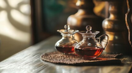 Fototapeta premium Teapot and glass cup with tea on rustic table in cozy home setting with vintage style scene