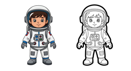 Child Astronaut Coloring Page with Colored and Outline Outfits Space Exploration Theme
