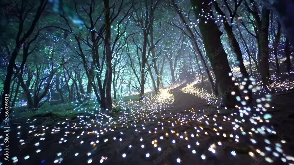 Poster thousands of small lights illuminating a magical path winding through a forest at night, creating a 