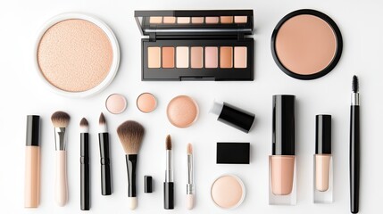 Stylish Makeup Flat Lay with Diverse Cosmetic Products and Tools