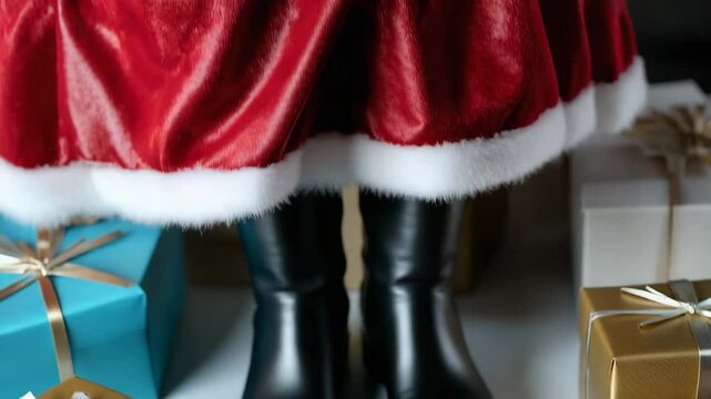 The camera pans down from Santa's waist to his feet, where the gift boxes are located.