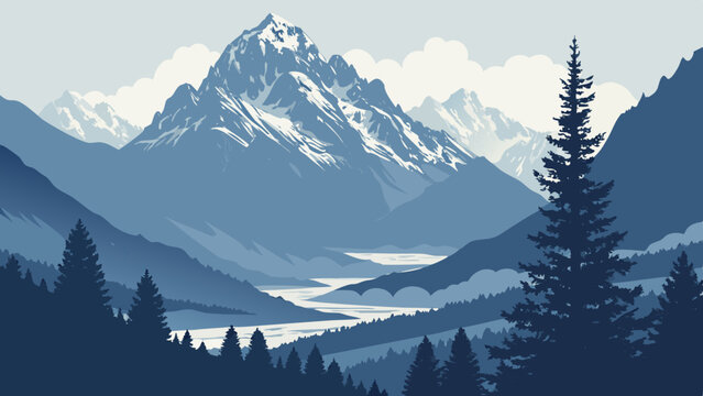 Breathtaking vista unfolds, showcasing snow capped mountains and serene valleys