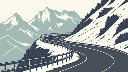 Winding asphalt road with metal railing curves through mountainous landscape, evoking adventure