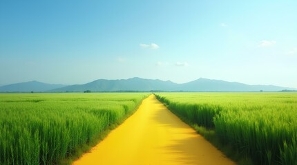 Yellow Path Through Green Wheat Fields Leading to Distant Mountains Under Blue Sky,path, road, field, wheat field, 
