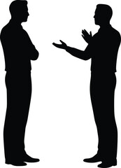 Silhouette of two people talking with expressive gestures symbolizing communication and dialogue

