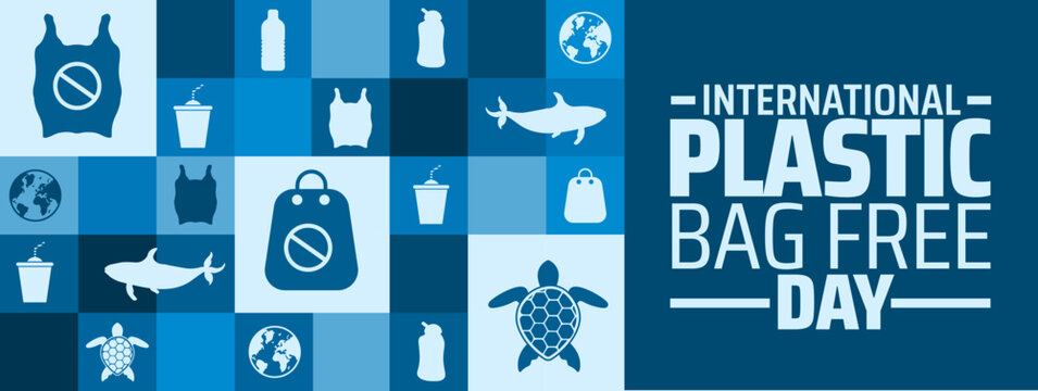 International Plastic Bag Free Day background or banner design. Blue Tiled Background with Icons of Earth, Marine Life, and Plastic Items for Environmental Awareness. - Powered by Adobe
