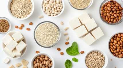 Varied Plant-Based Proteins and Grains in Clean White Background